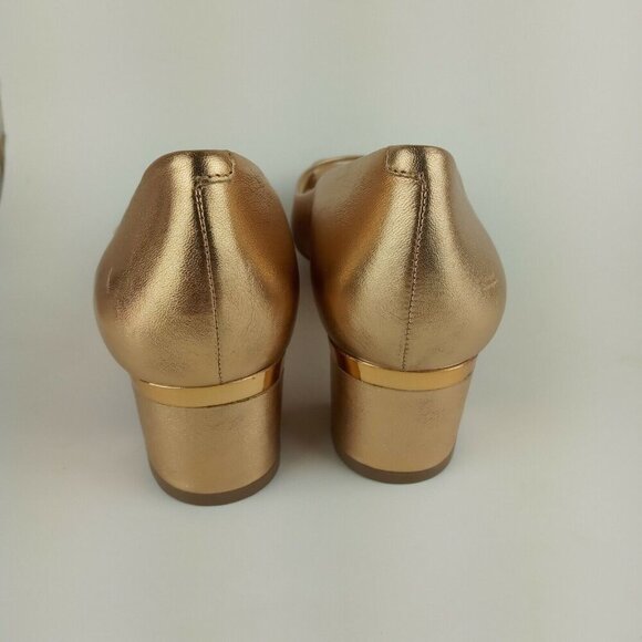 Vince Camuto Signature 7M Gold Metallic Open Toe Block Heel Shoes Lamb Leather - Picture 4 of 12